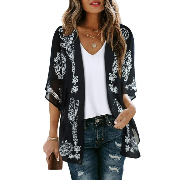 UVN Blouses for Women Print Kimono Plus Size Clothes Summer Casual Swimsuits Coverup Tops