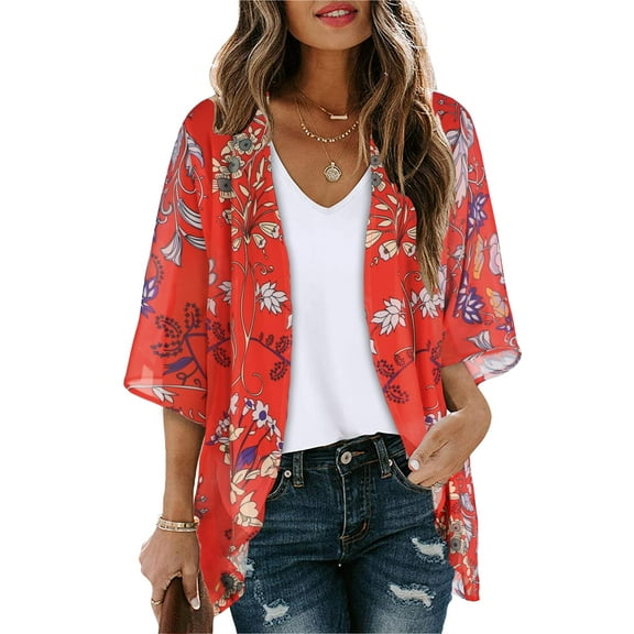 UVN Blouses for Women Print Kimono Plus Size Clothes Summer Casual Swimsuits Coverup Tops