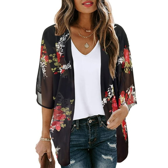 UVN Blouses for Women Print Kimono Plus Size Clothes Summer Casual Swimsuits Coverup Tops