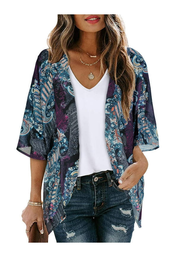 UVN Blouses for Women Print Kimono Plus Size Clothes Summer Casual Swimsuits Coverup Tops