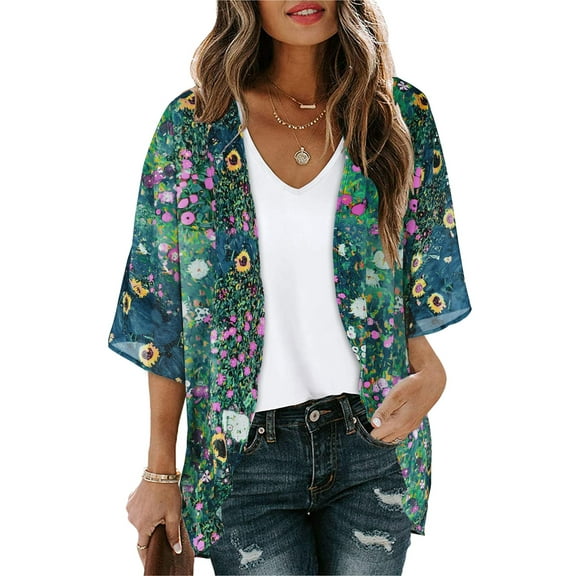 UVN Blouses for Women Print Kimono Plus Size Clothes Summer Casual Swimsuits Coverup Tops