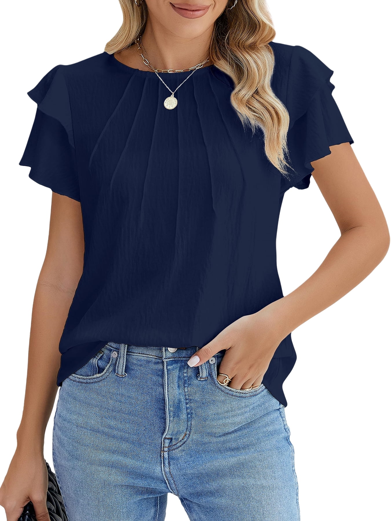 UVN Blouses for Women Ruffle Short Sleeve Shirts Summer Casual Crewneck ...