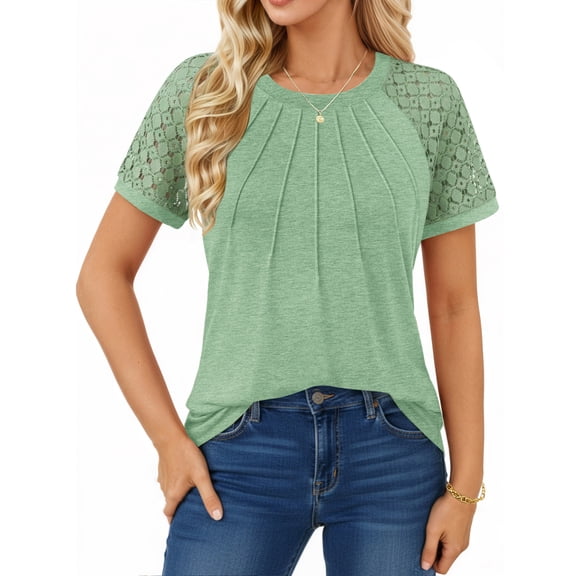 UVN Blouses for Women Short Sleeve Lace Tops Summer Casual Crewneck Pleated Shirts