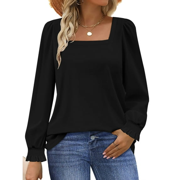 UVN Blouses for Women Square Neck Long Sleeve Shirts Dressy Casual Tunic Tops