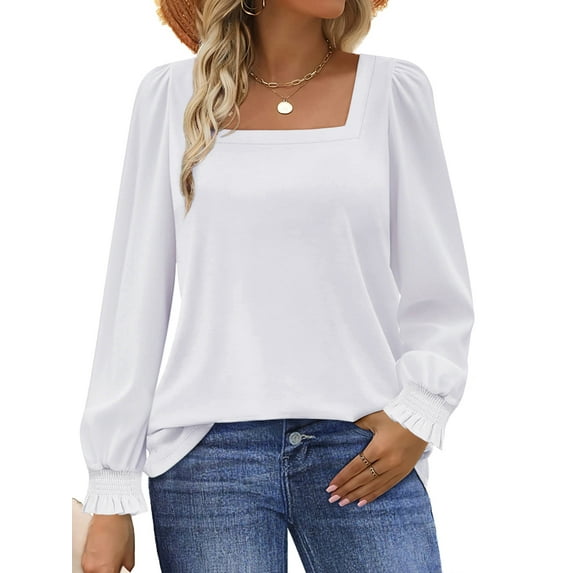 UVN Blouses for Women Square Neck Long Sleeve Shirts Dressy Casual Tunic Tops