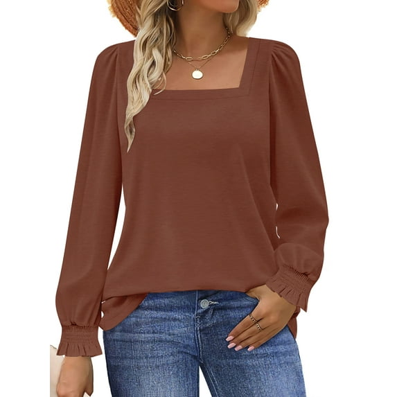 UVN Blouses for Women Square Neck Long Sleeve Shirts Dressy Casual Tunic Tops