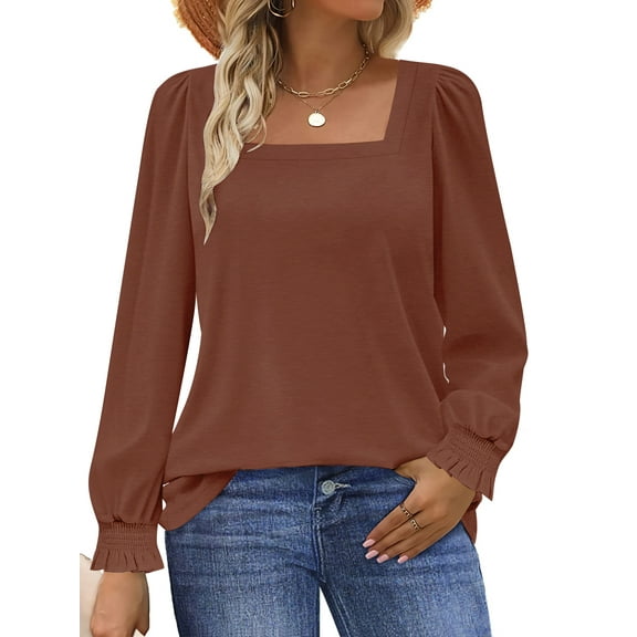 UVN Blouses for Women Square Neck Long Sleeve Shirts Dressy Casual Tunic Tops