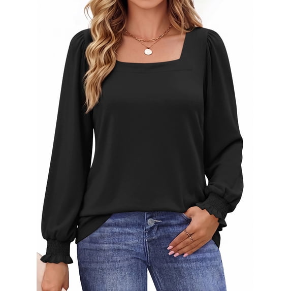 UVN Blouses for Women Square Neck Long Sleeve Shirts Dressy Casual Tunic Tops