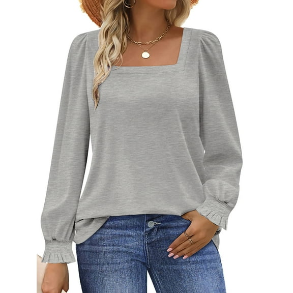 UVN Blouses for Women Square Neck Long Sleeve Shirts Dressy Casual Tunic Tops