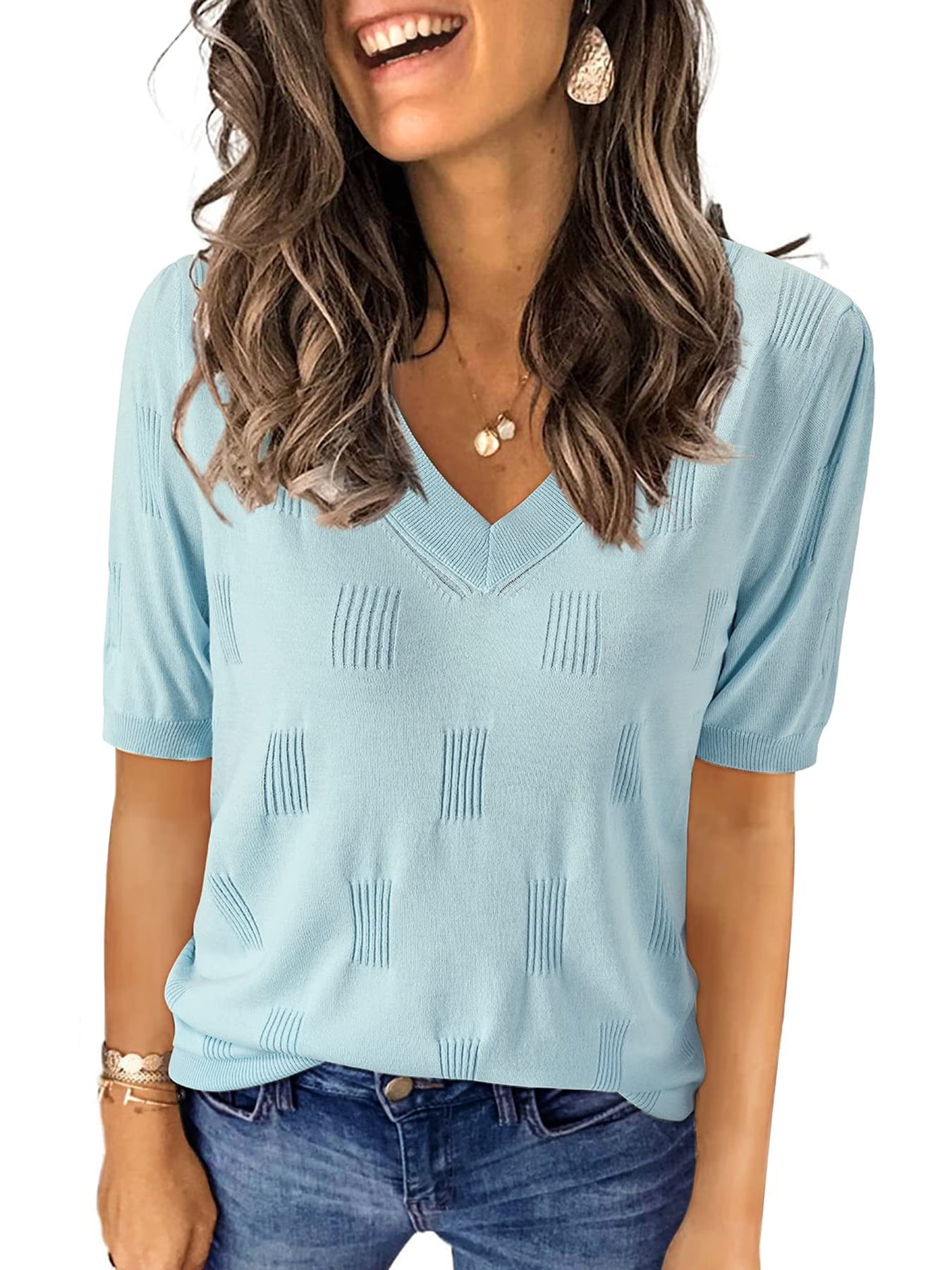 UVN Blouses for Women Summer Crochet Knit Tops Casual V Neck Short ...