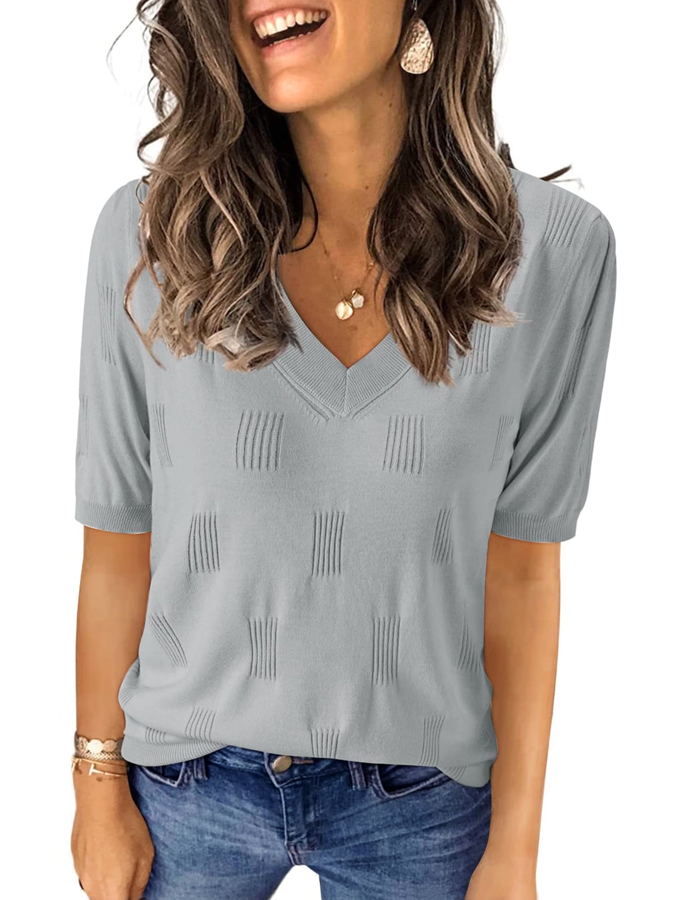 UVN Blouses for Women Summer Crochet Knit Tops Casual V Neck Short ...