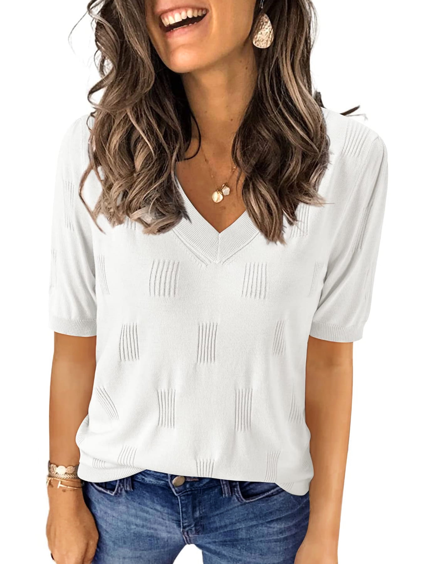 UVN Blouses for Women Summer Crochet Knit Tops Casual V Neck Short ...