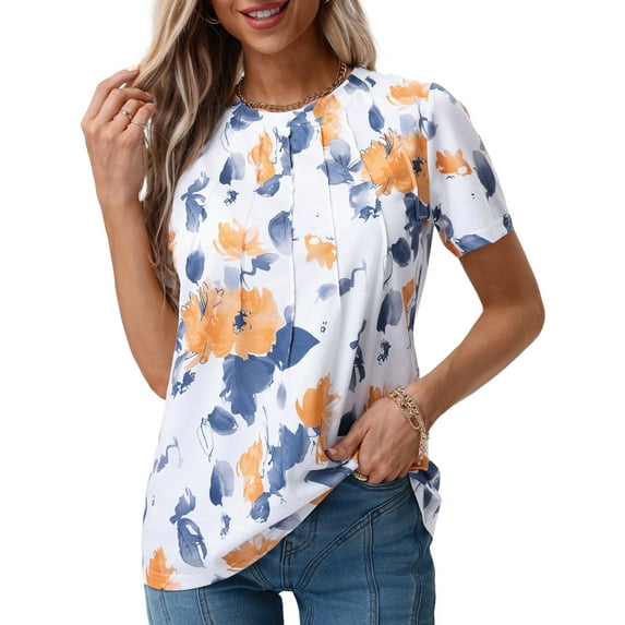 UVN Blouses for Women Summer Pleated Shirts Dressy Casual Short Sleeve Tunic Tops
