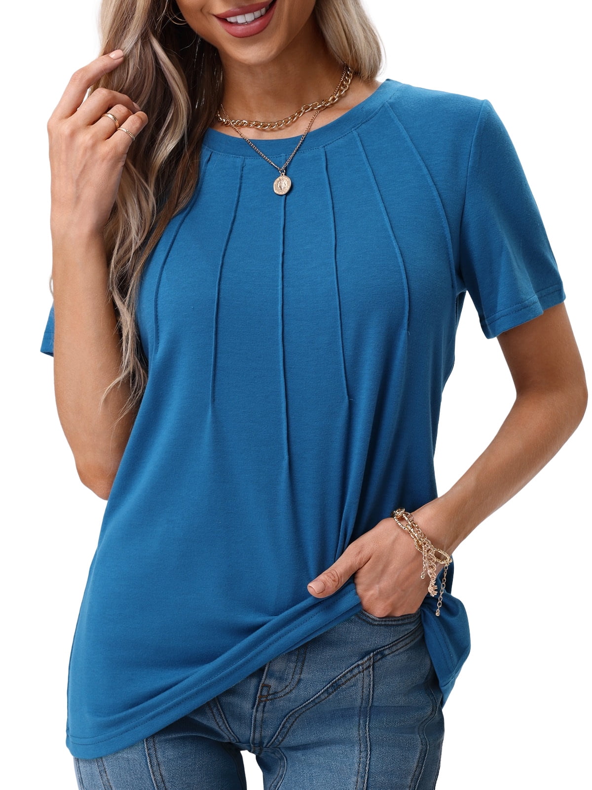 UVN Blouses for Women Summer Pleated Shirts Dressy Casual Short Sleeve ...