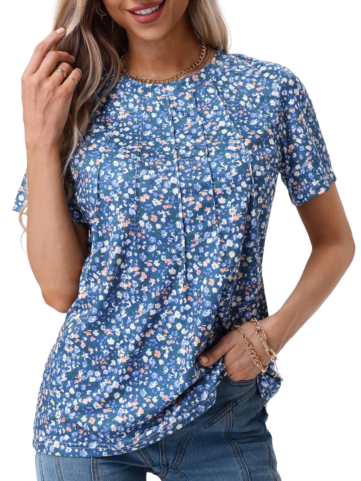 UVN Blouses for Women Summer Pleated Shirts Dressy Casual Short Sleeve ...