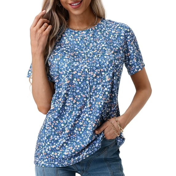 UVN Blouses for Women Summer Pleated Shirts Dressy Casual Short Sleeve Tunic Tops