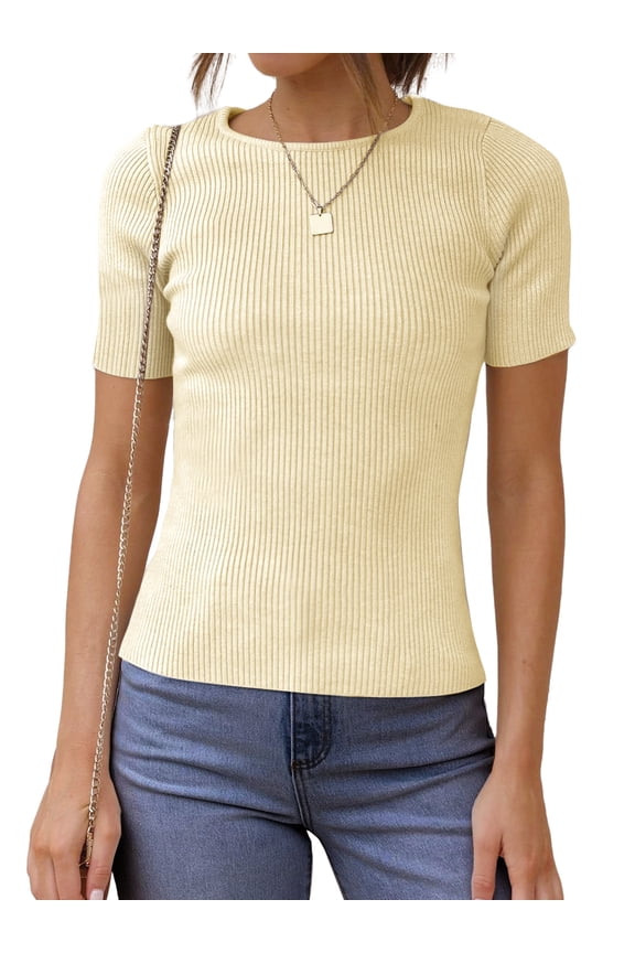 Blouses for Women Summer Short Sleeve Crew Neck Tops Ribbed Knitted Slim Fit Basic Tees