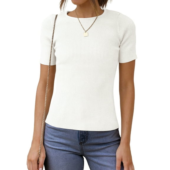 UVN Blouses for Women Summer Short Sleeve Crew Neck Tops Ribbed Knitted Slim Fit Basic Tees