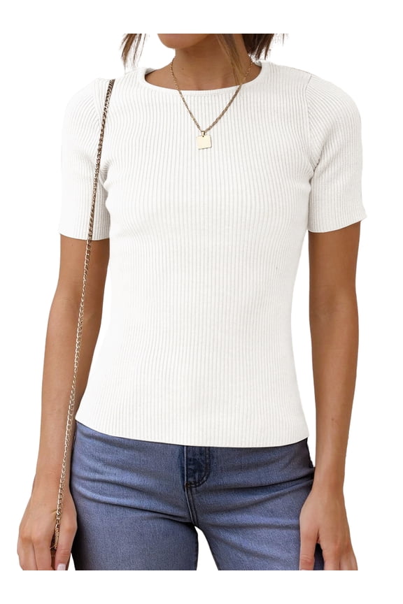 Blouses for Women Summer Short Sleeve Crew Neck Tops Ribbed Knitted Slim Fit Basic Tees