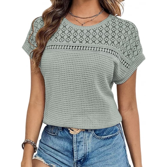 UVN Blouses for Women Summer Short Sleeve Crewneck Dressy Shirts Casual Waffle Knit Hollow Out Tunic Tops