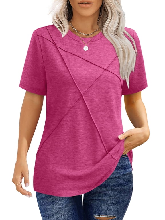 Blouses for Women Summer Short Sleeve Shirts Casual Crew Neck Pleated Tunic Tops
