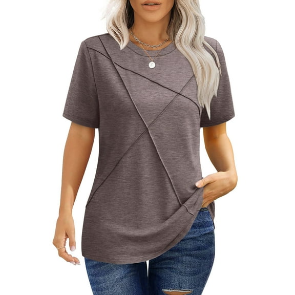 UVN Blouses for Women Summer Short Sleeve Shirts Casual Crew Neck Pleated Tunic Tops