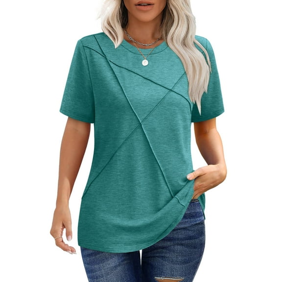 UVN Blouses for Women Summer Short Sleeve Shirts Casual Crew Neck Pleated Tunic Tops