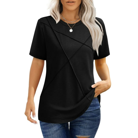 UVN Blouses for Women Summer Short Sleeve Shirts Casual Crew Neck Pleated Tunic Tops