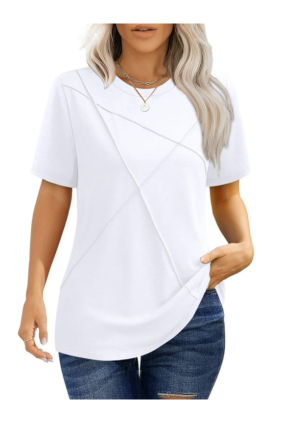 Blouses for Women Summer Short Sleeve Shirts Casual Crew Neck Pleated Tunic Tops