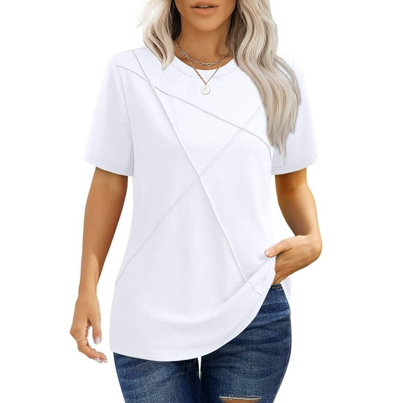 UVN Blouses for Women Summer Short Sleeve Shirts Casual Crew Neck Pleated Tunic Tops