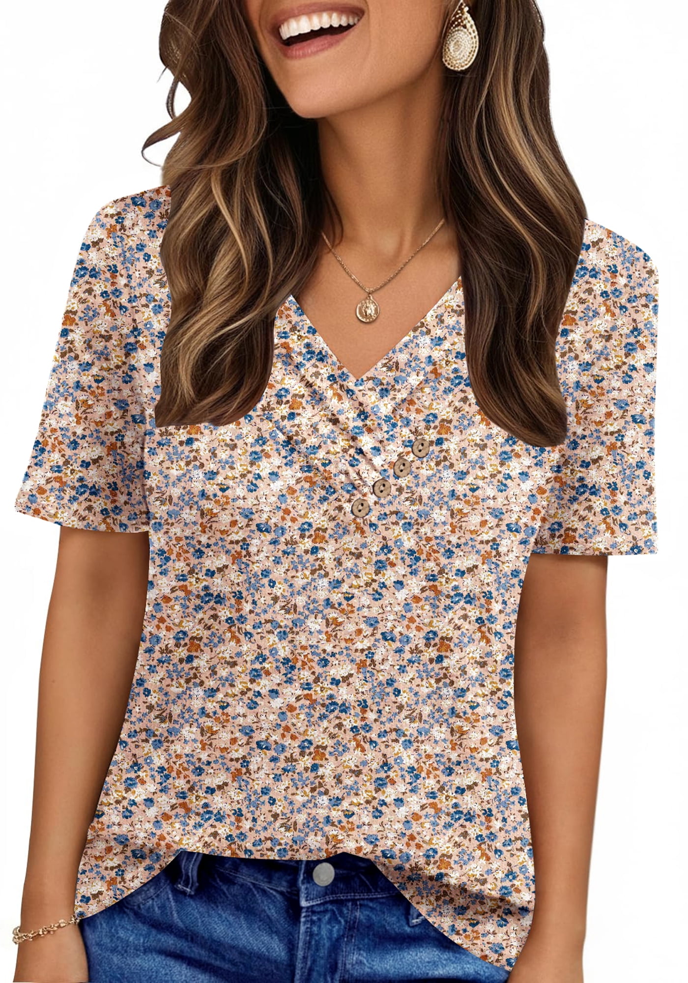 UVN Blouses for Women Summer Short Sleeve V Neck Button Tunic Top ...