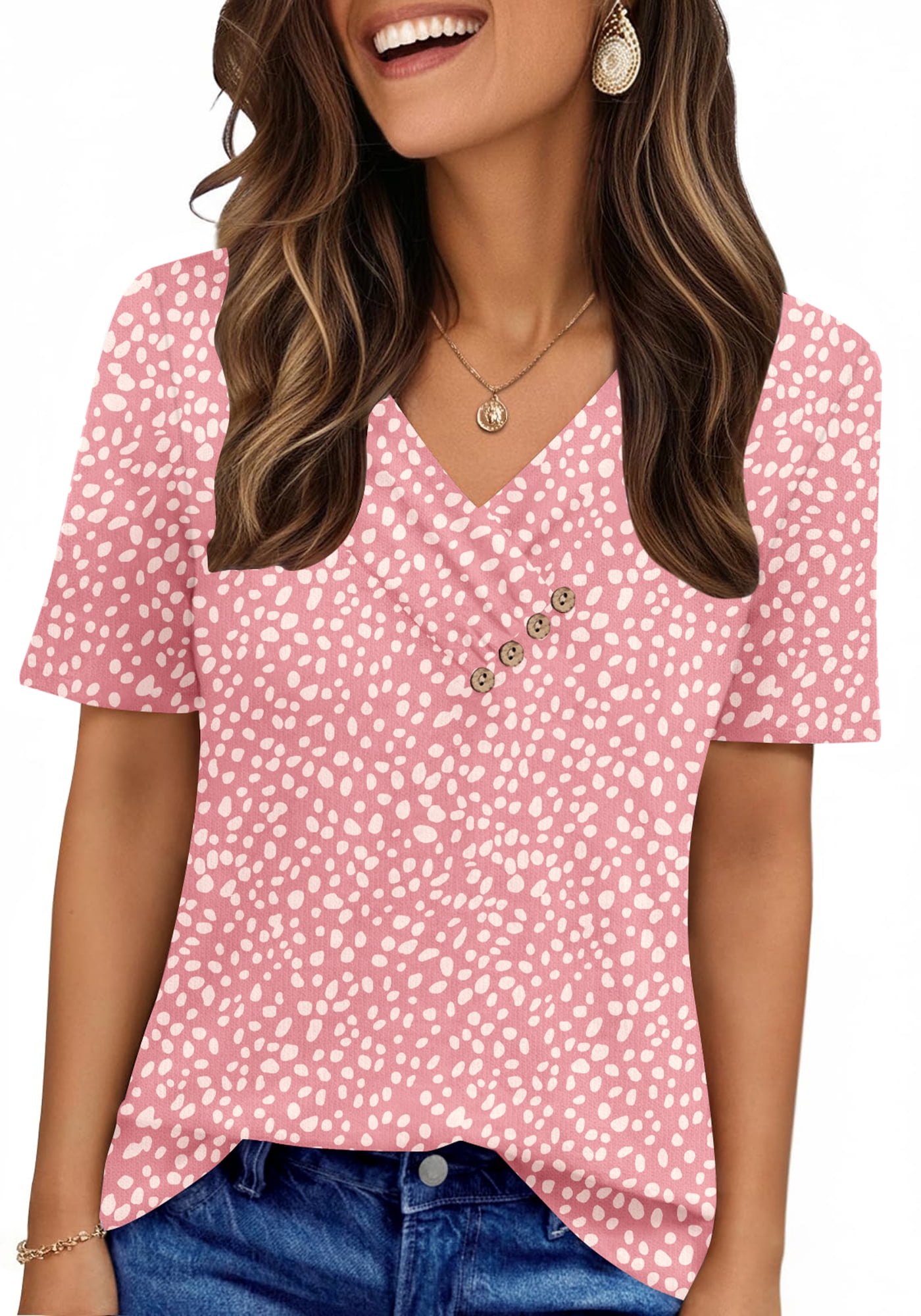 UVN Blouses for Women Summer Short Sleeve V Neck Button Shirts Dressy ...