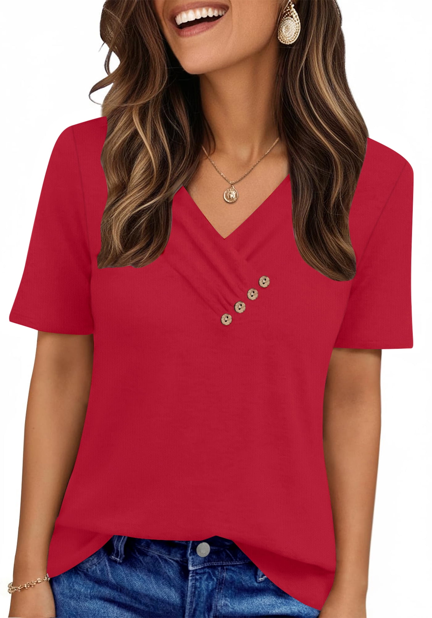 UVN Blouses for Women Summer Short Sleeve V Neck Button Shirts Dressy ...
