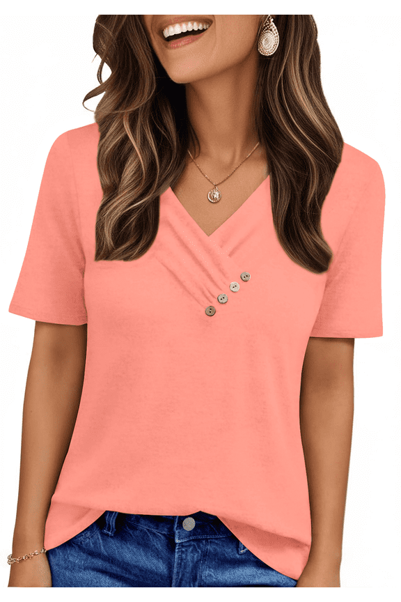 Blouses for Women Summer Short Sleeve V Neck Button Shirts Dressy Casual Business Tunic Tops