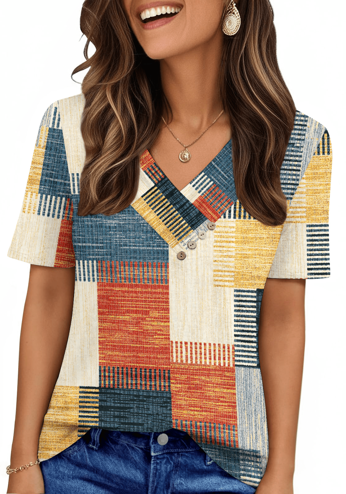 UVN, Blouses for Women Summer Short Sleeve V Neck Button Shirt, L ...