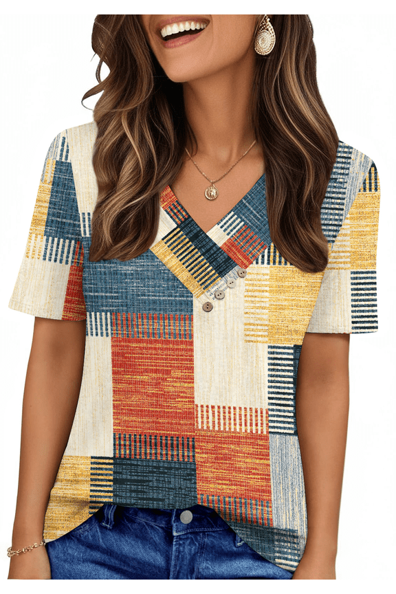 Blouses for Women Summer Short Sleeve V Neck Button Shirts Dressy Casual Business Tunic Tops