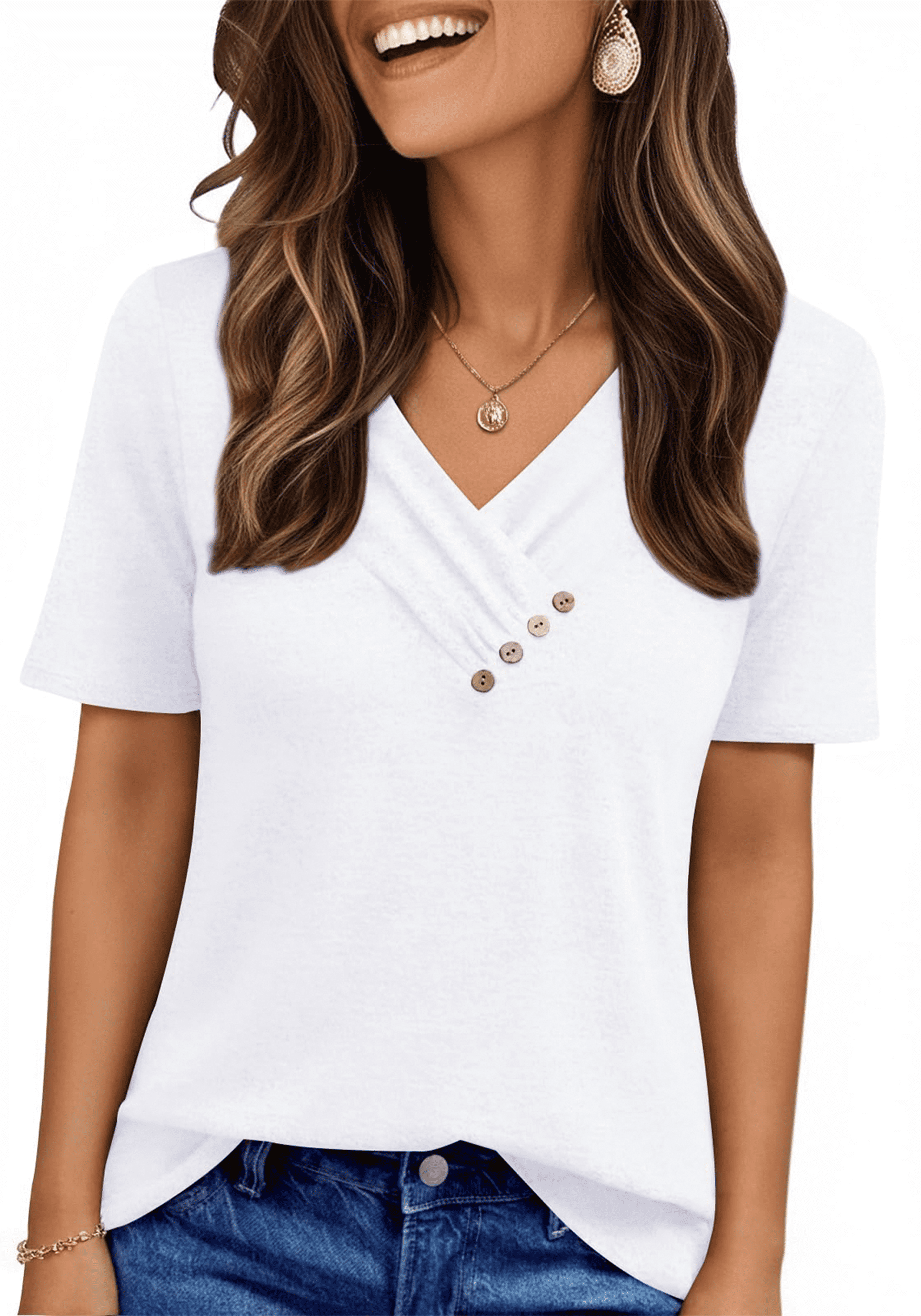 UVN Women Summer Short Sleeve V Neck Button Blouses Dressy Casual Tops ...