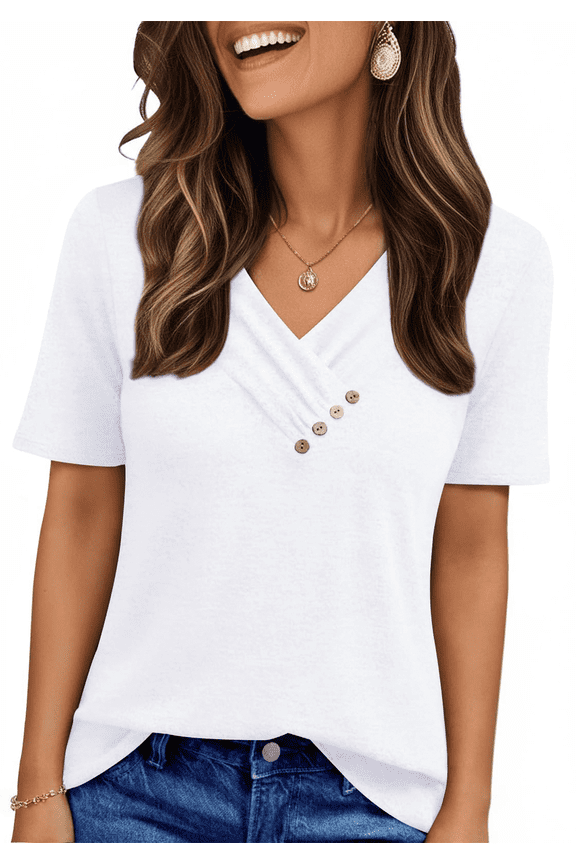 Blouses for Women Summer Short Sleeve V Neck Button Shirts Dressy Casual Business Tunic Tops