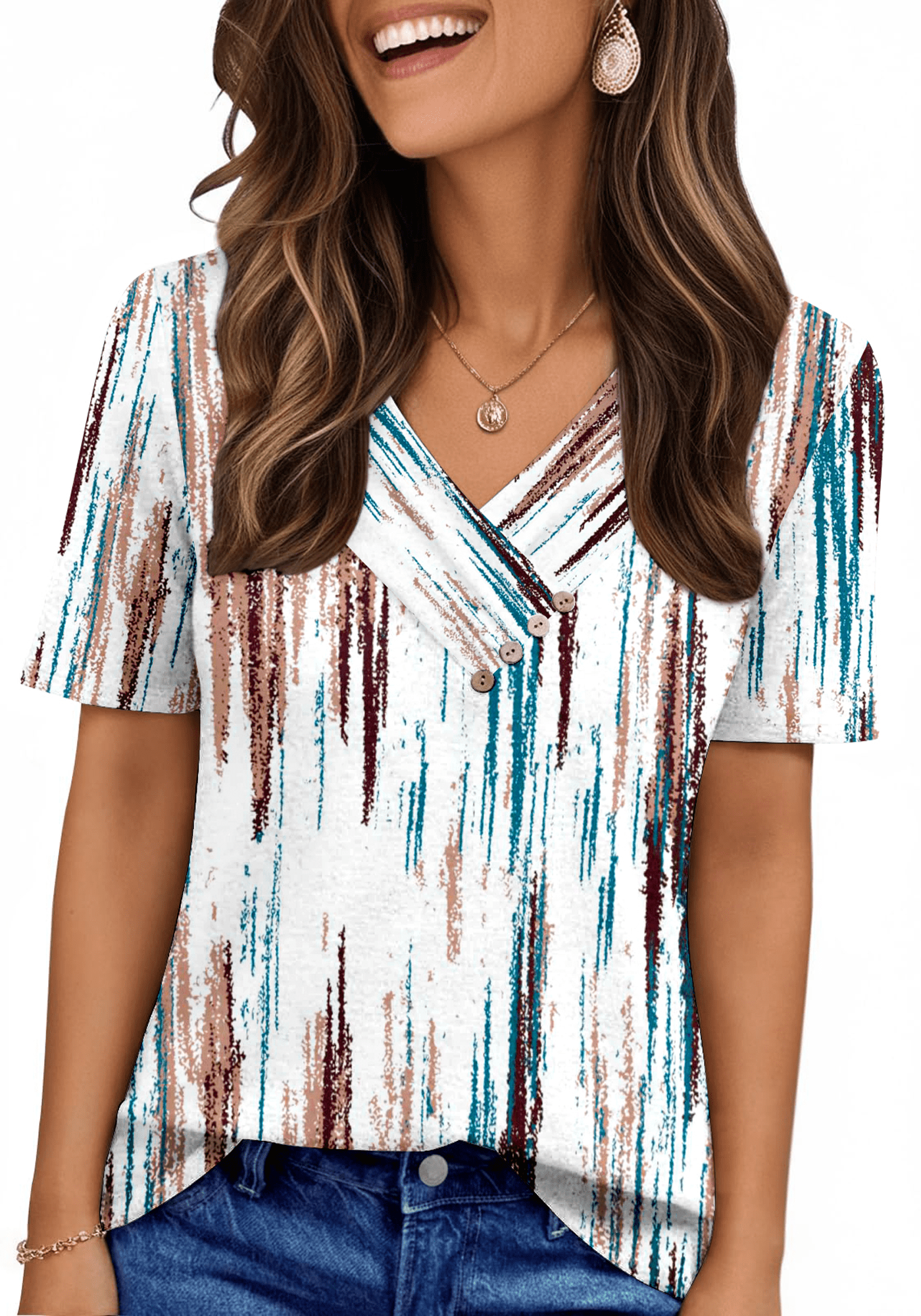 UVN Women Summer Short Sleeve V Neck Button Blouses, L - Walmart.com