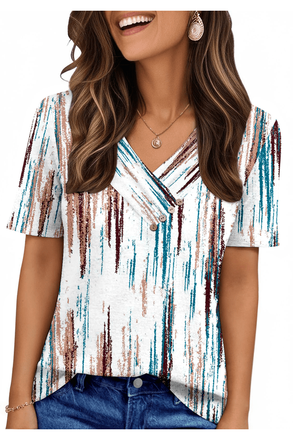 Blouses for Women Summer Short Sleeve V Neck Button Shirts Dressy Casual Business Tunic Tops