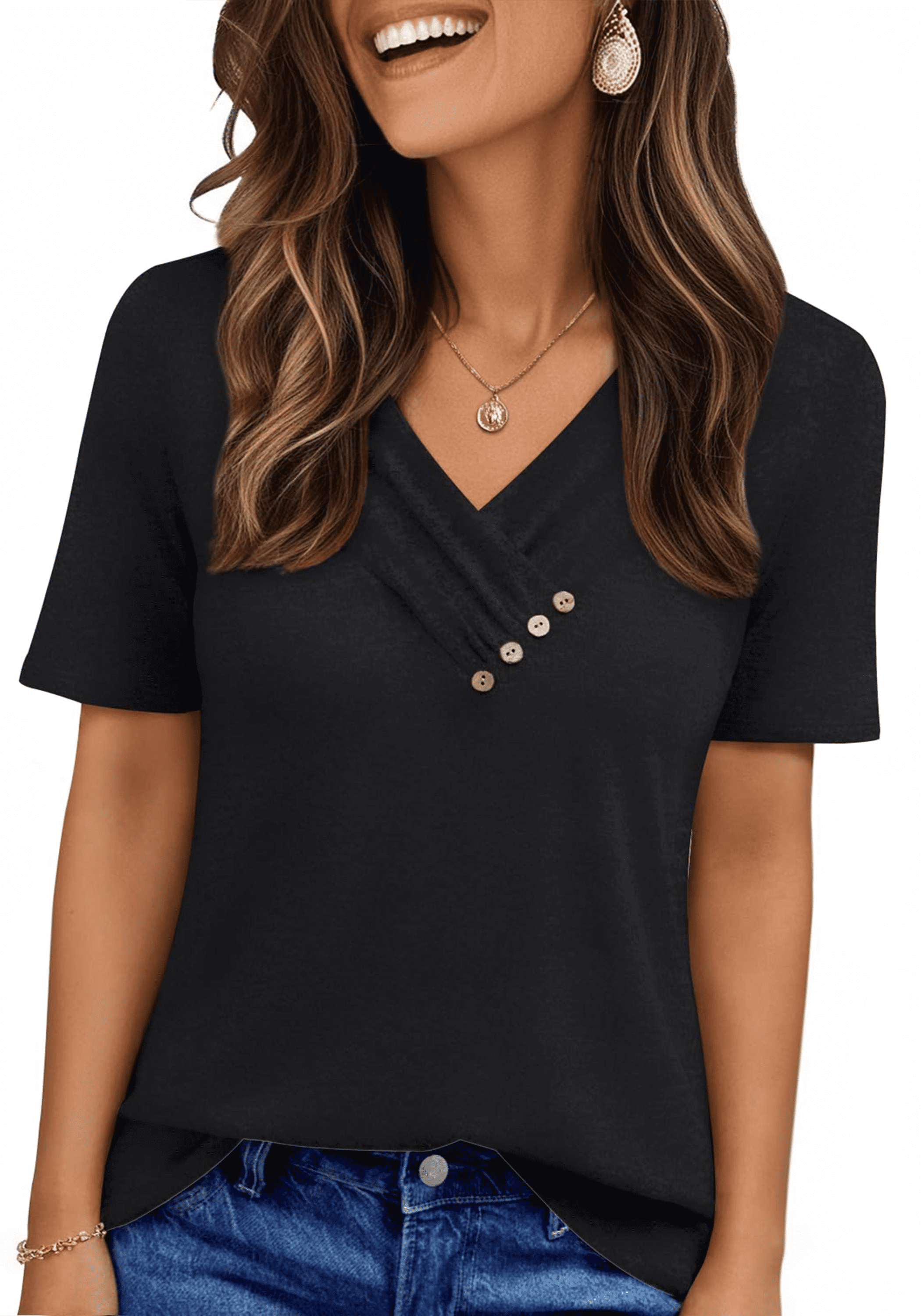 UVN Blouses for Women Summer Short Sleeve V Neck Button Shirts Dressy ...