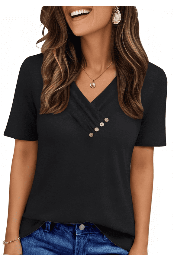 Blouses for Women Summer Short Sleeve V Neck Button Shirts Dressy Casual Business Tunic Tops