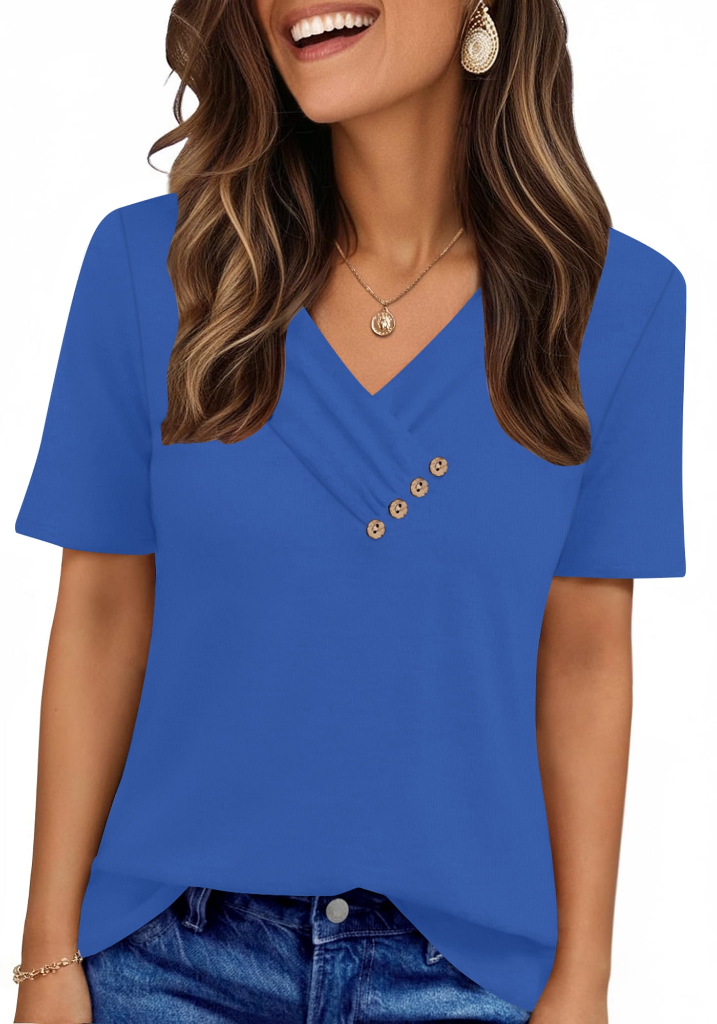 UVN Blouses for Women Summer Short Sleeve V Neck Button Shirts Dressy ...