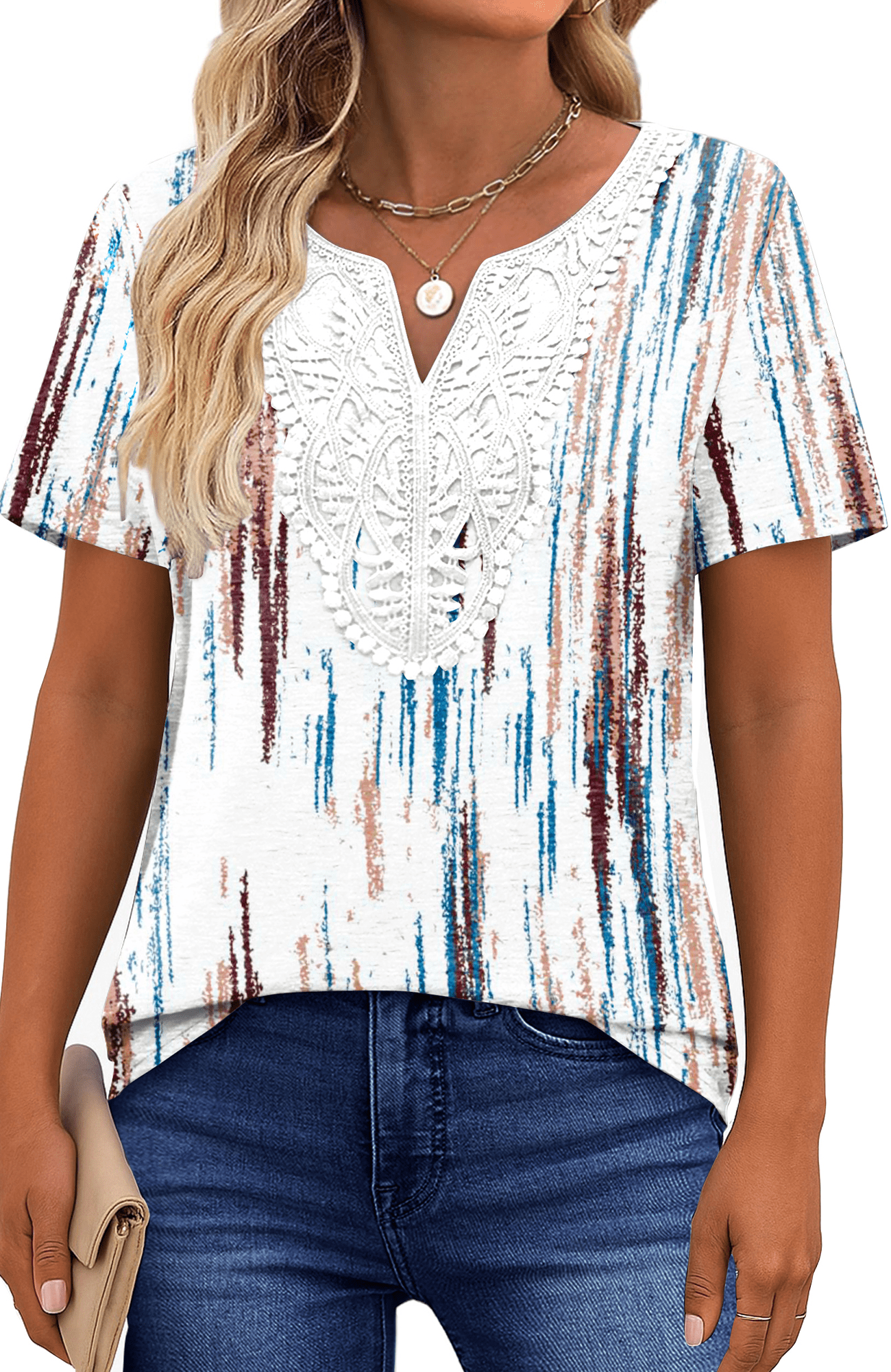 UVN Blouses for Women Summer Short Sleeve V Neck Lace Shirts Dressy ...