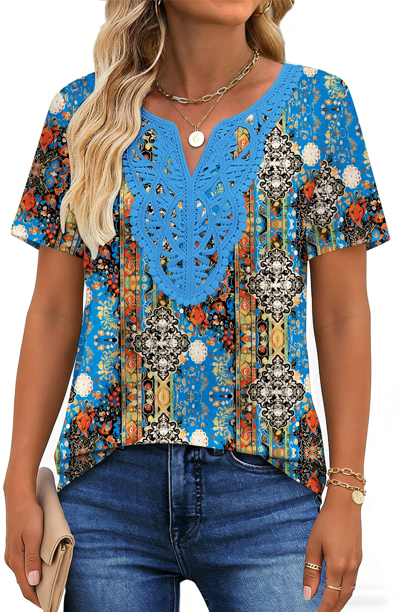 UVN Blouses for Women Summer Short Sleeve V Neck Lace Shirts Dressy ...
