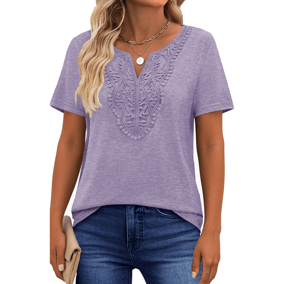 UVN Blouses for Women Summer Short Sleeve V Neck Lace Shirts Dressy Casual Boho Tunic Tops
