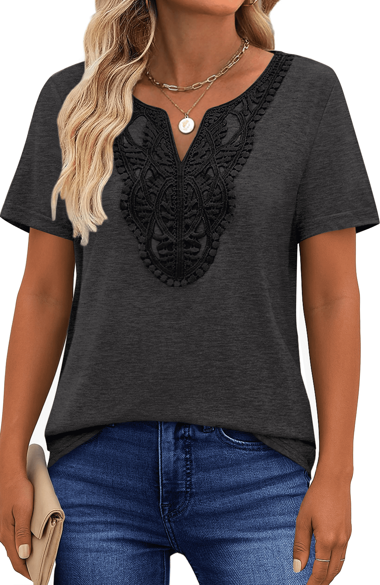 UVN Blouses for Women Summer Short Sleeve V Neck Lace Shirts Dressy ...