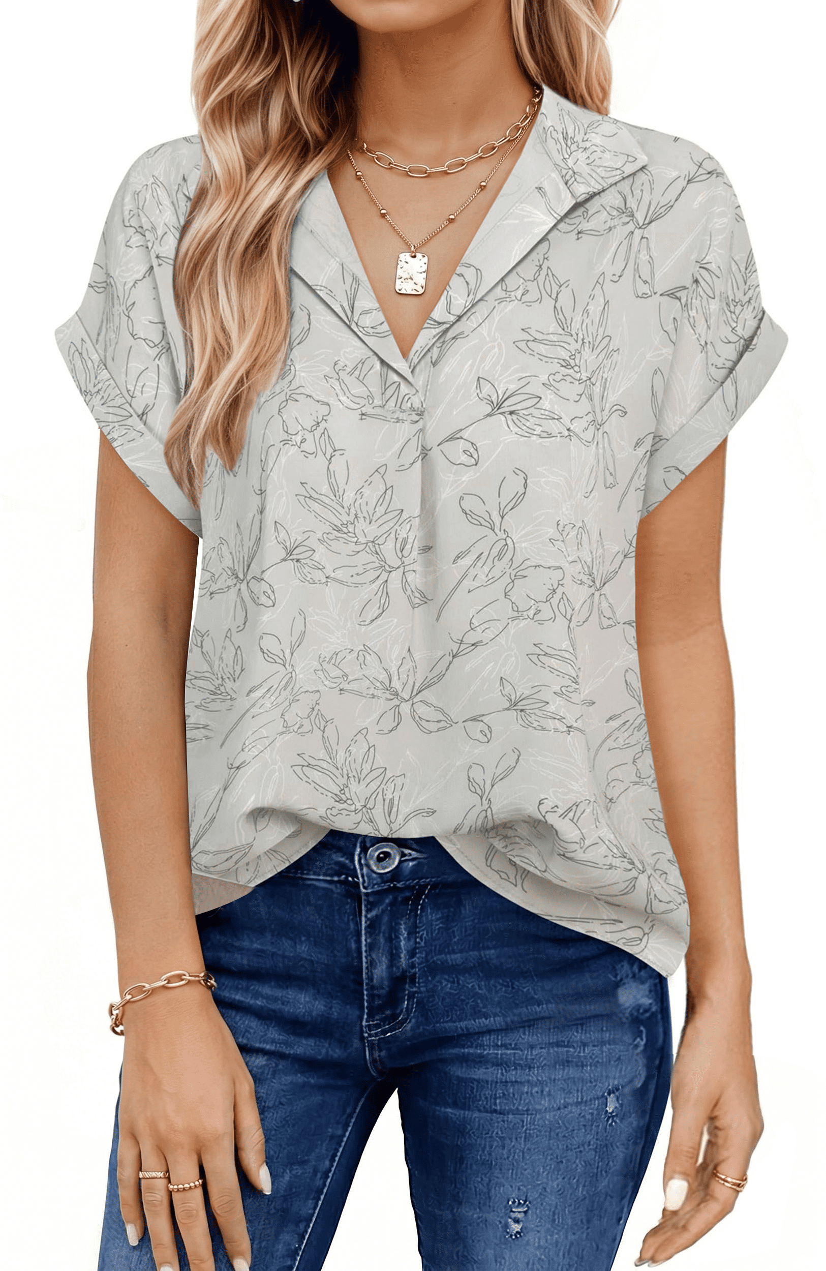 UVN Blouses for Women Summer Short Sleeve Work Shirts Dressy Casual V ...