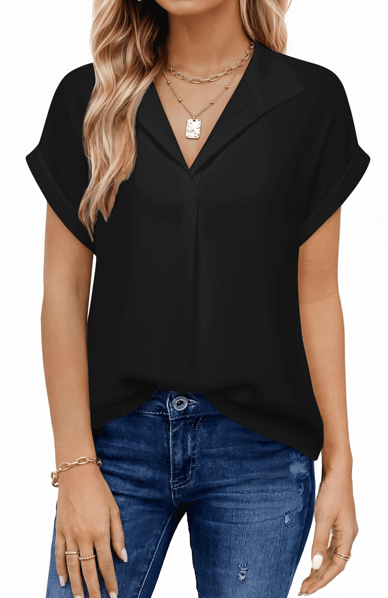 UVN Blouses for Women Summer Short Sleeve Work Shirts Dressy Casual V ...