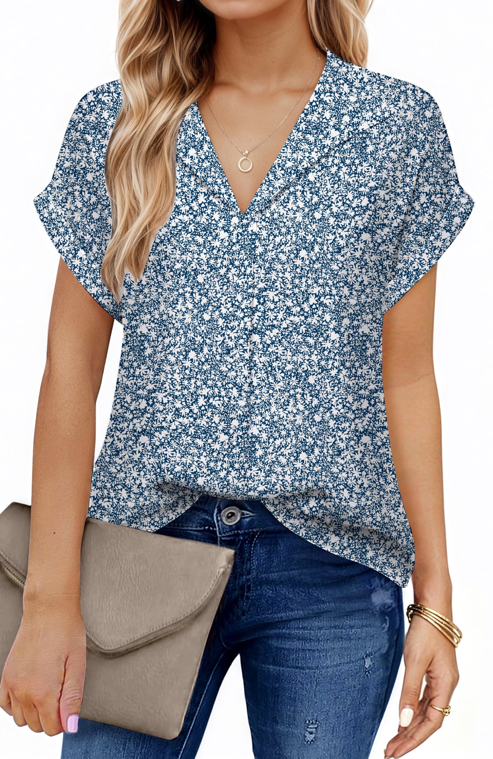 UVN Blouses for Women Summer Short Sleeve Work Shirts Dressy Casual V ...